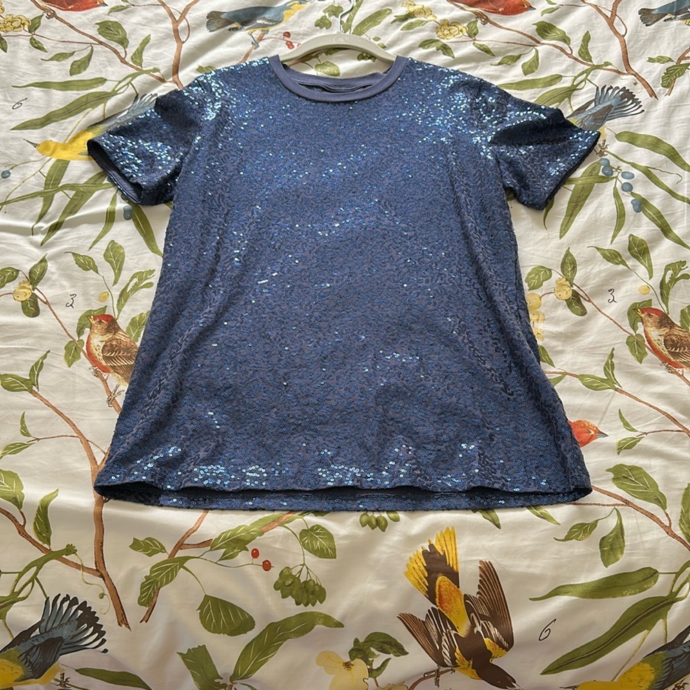 DKNY indigo sequined T shirt. Sized S/M